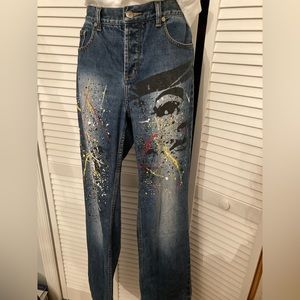 90s Vintage Express Button Fly Paint Splatter Jeans With Face